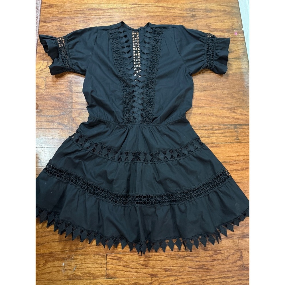Anthropologie Piexoto Black Crochet Lace Tiered Mini Dress Ruffle sleeve boho SM